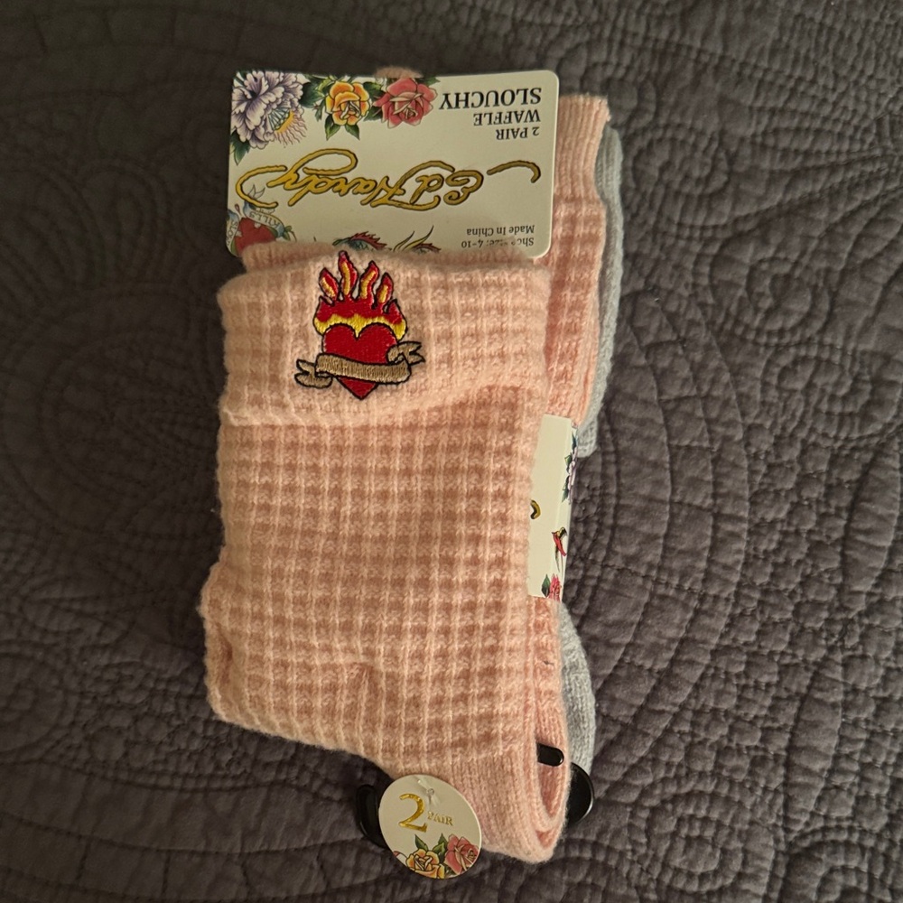 Ed Hardy Light Pink and Grey Flame Heart Socks